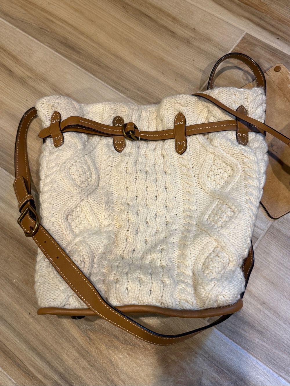 Polo by Ralph Lauren Cream Cable-Knit Shoulder Bag with Tan Leather Trim